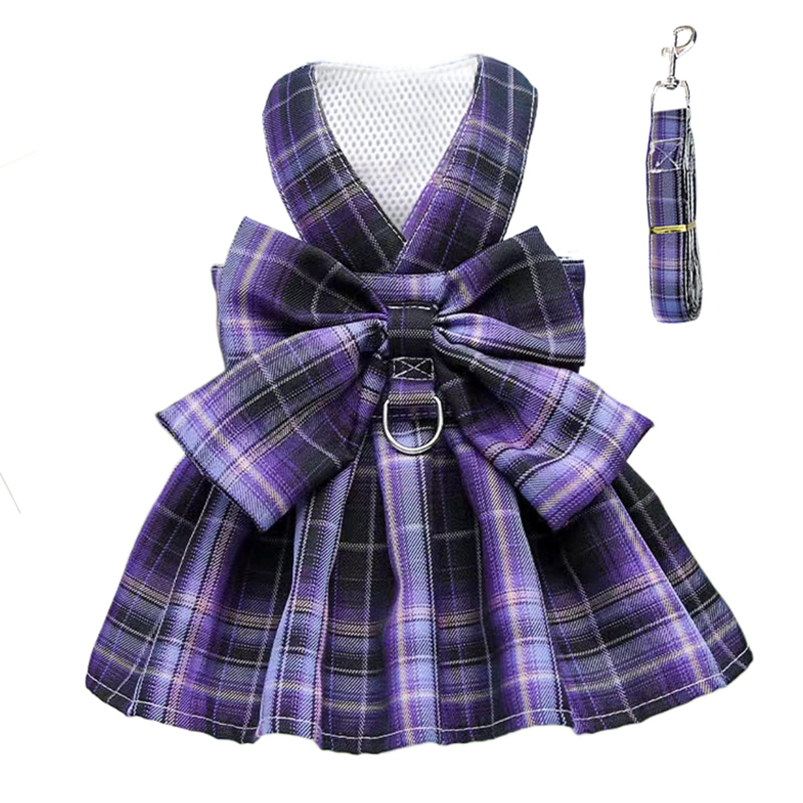 Qpets® Dog Cat Dress Dog Skirt Harness with Leash Pet Purple Plaid Bow Tie with Attaching Ring Breathable Polyester Cat Clothes Dog Clothes for Chihuahua Yorkies Small Sized Pet Clothes(Size: M)