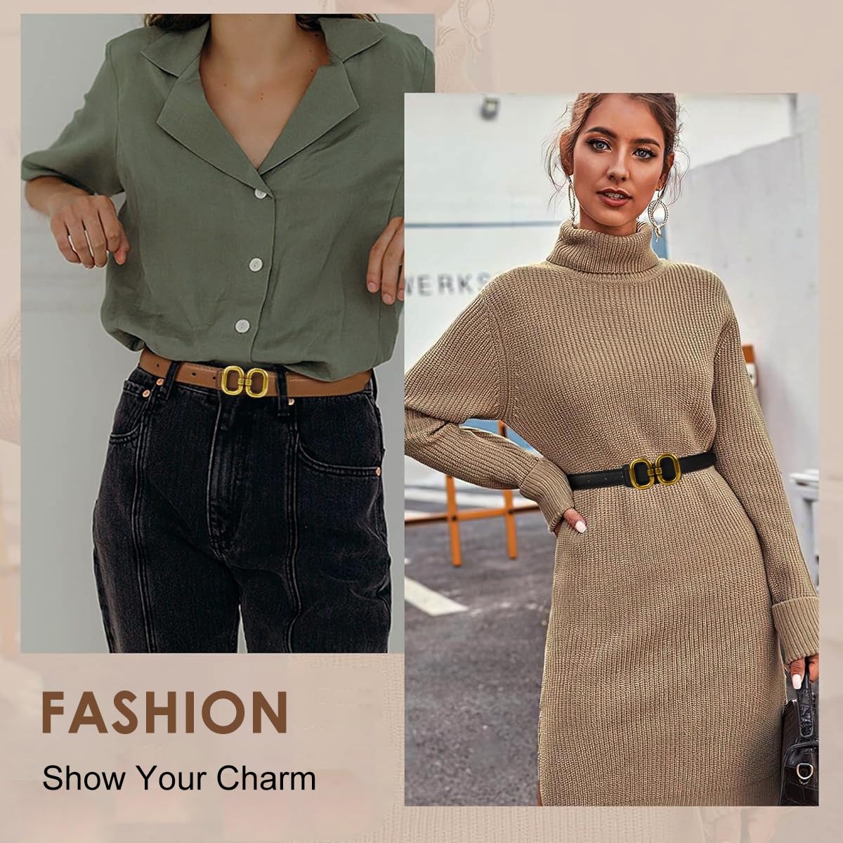 SANNIDHI Belt for Women Jeans and Dresses with Gold Metal Loop Buckle in Brown & Black