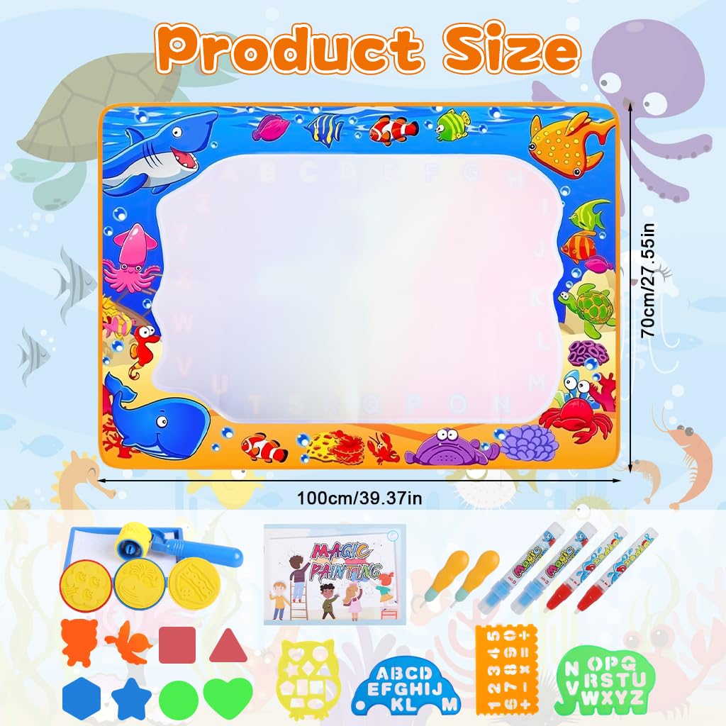 PATPAT Water Doodle Mat for Kids 39.3x27.5 in with Roller Stamps & Templates | Mess Free Drawing Playset