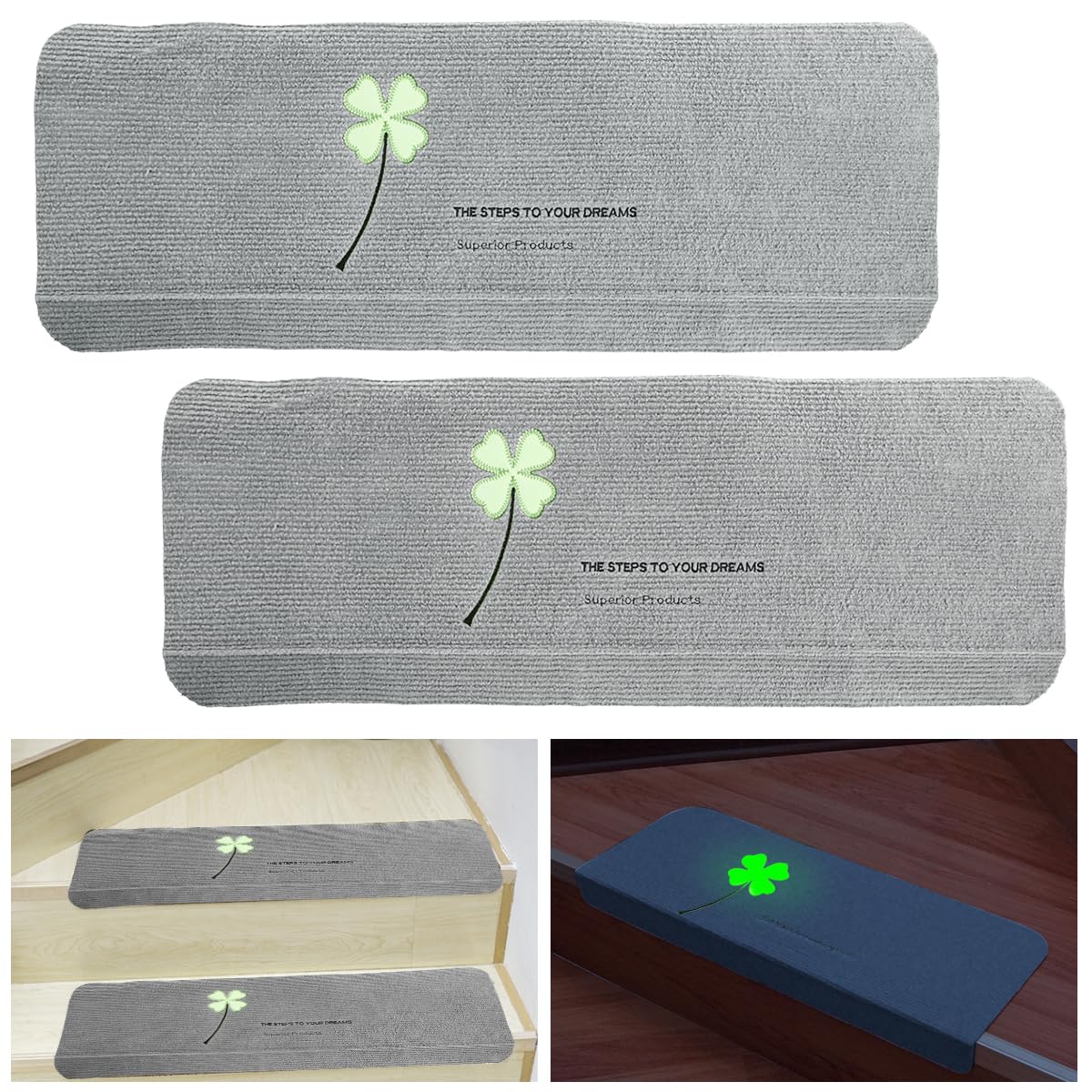 HASTHIP® 2pcs Luminous Stair Mat Nonslip TPR Stair Pads for Home Safety Stair Mat Self Adhesive Stair Mat with Glow in Dark Four Leaf Clover Safety Stair Mat for Home Stair Decor, 55 x 22cm