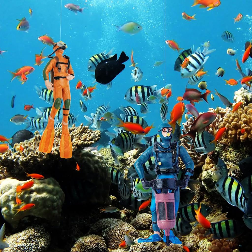 Qpets Fish Tank Floating Ornaments for Aquarium with 4.8 in Diver Figurines and Floating Ball | Blue and Orange Set