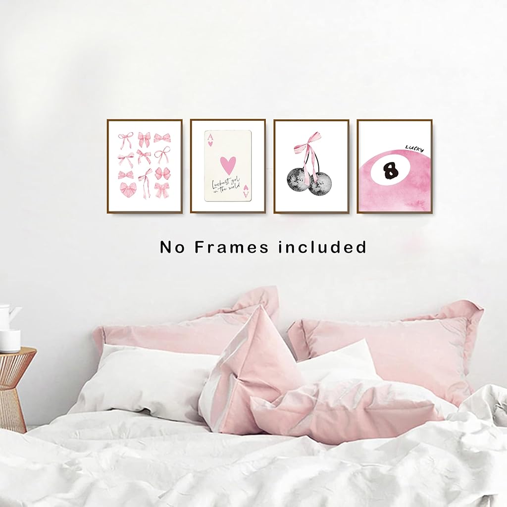 HASTHIP® Pink Coquette Trendy Preppy Wall Art Prints Set of 4,Coquette Room Decor Preppy Room Decor Aesthetic Disco 8 Ball Cherry Wall Posters for Girls Bedroom 8x10 Unframed