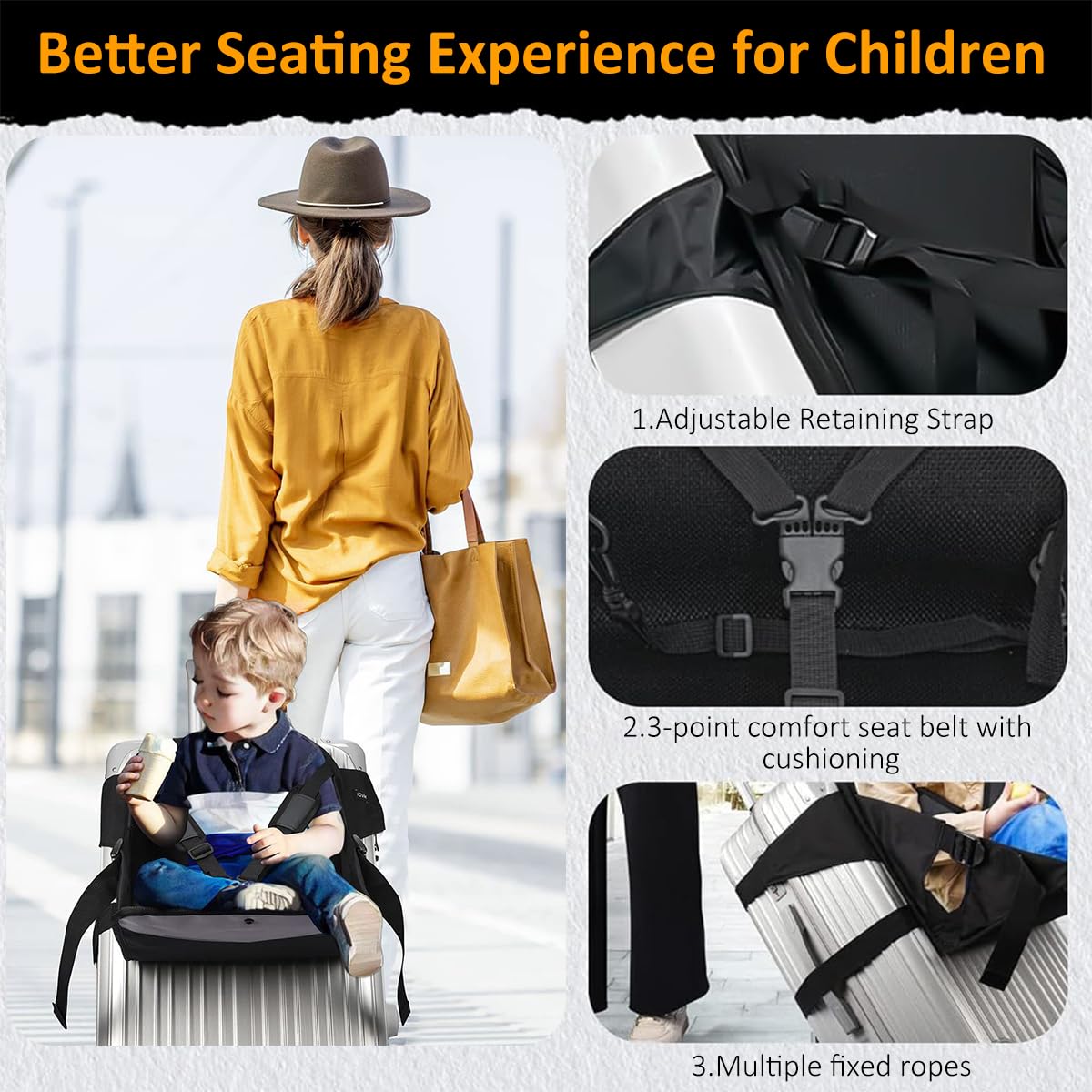 SNOWIE SOFT® Toddler Seat for Luggage Safe Toddler Seat Attachment for Wheeled Luggage Safe Shoulder Strap Design Folding Seat Attachment for Luggage Easy Luggage Carrier Seat for Flight Travel