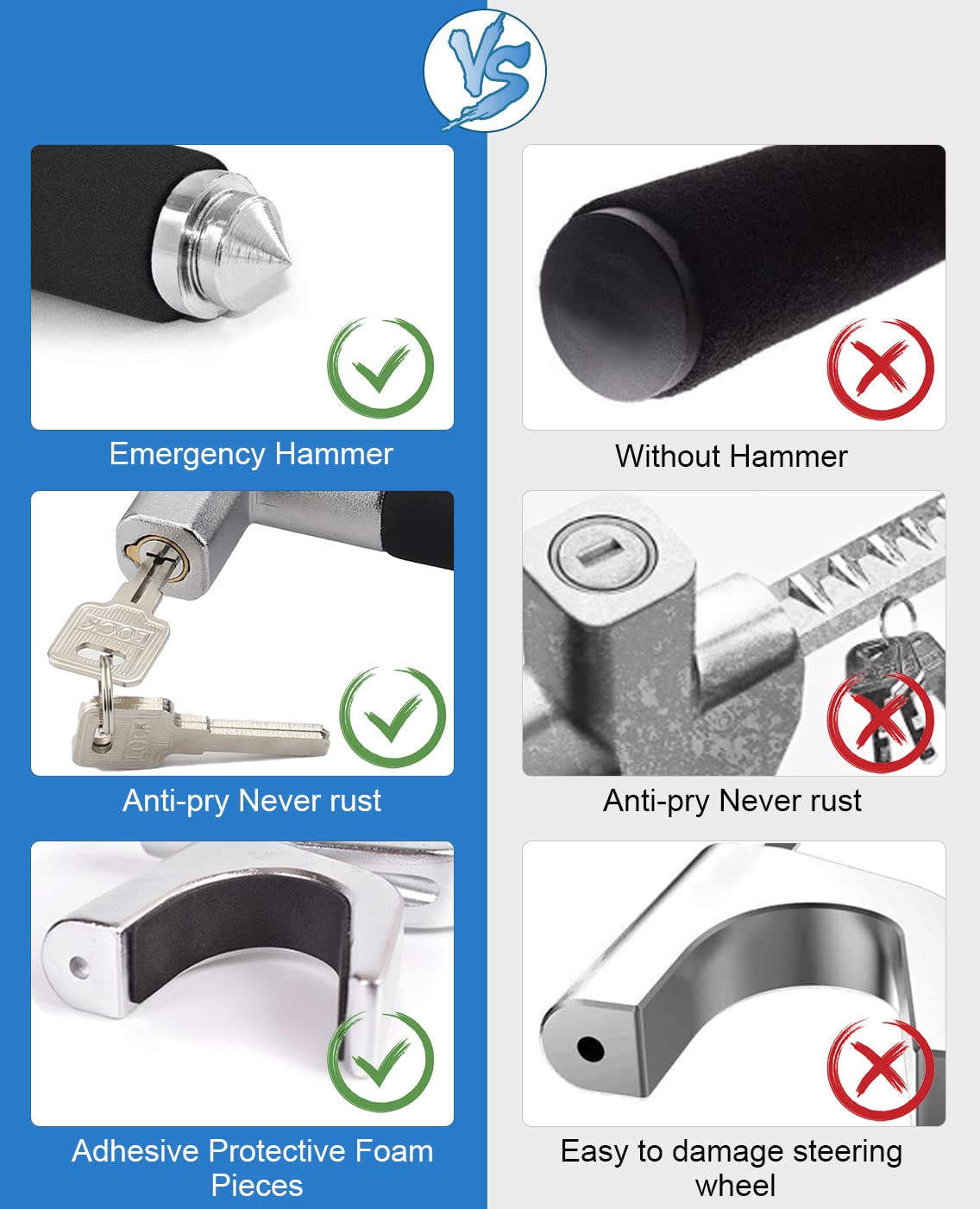 ELEPHANTBOAT Car Steering Wheel Lock for Auto Truck SUV with 3 Keys and Retractable Steel | Adjustable 6.7–10.4 in Design featuring Soft Foam Handle