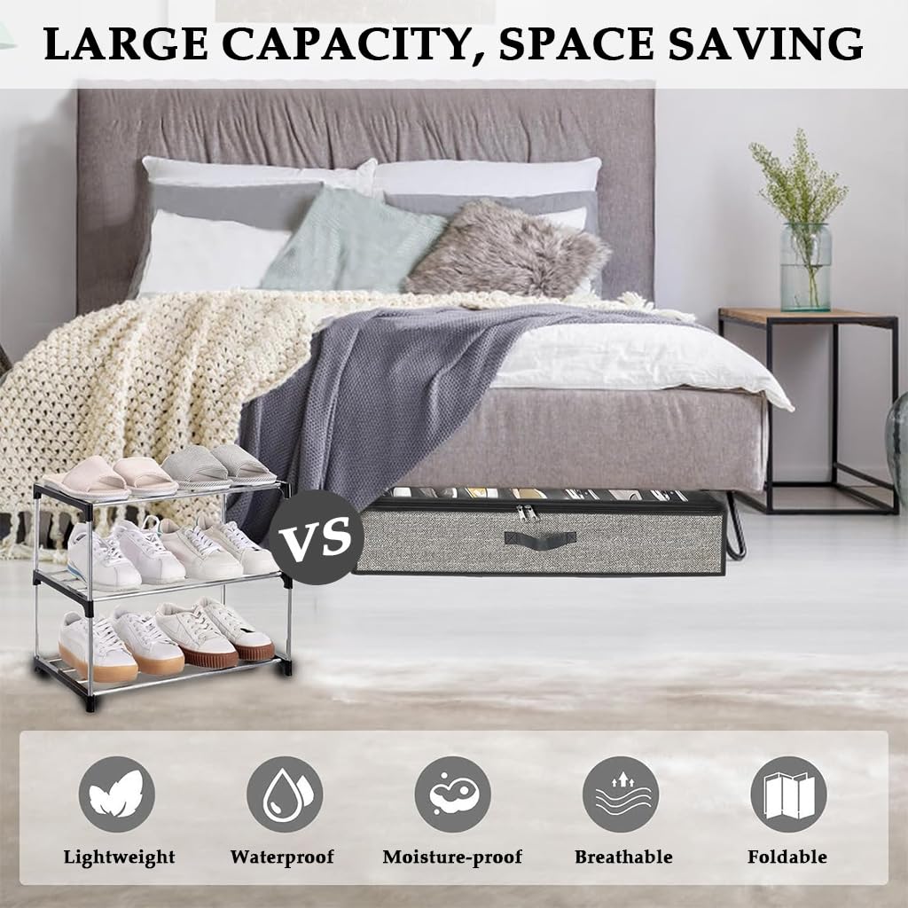 HASTHIP Under Bed Shoe Storage Organizer for 6–12 Pairs with Clear Zip Cover | 75x60x15cm Folding Non Woven Fabric Box