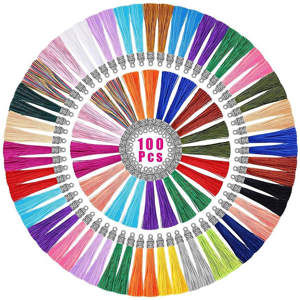 HASTHIP Tassels for Jewelry Making with 100 mixed colors and hanging loop design | 2.36 inch silky polyester set