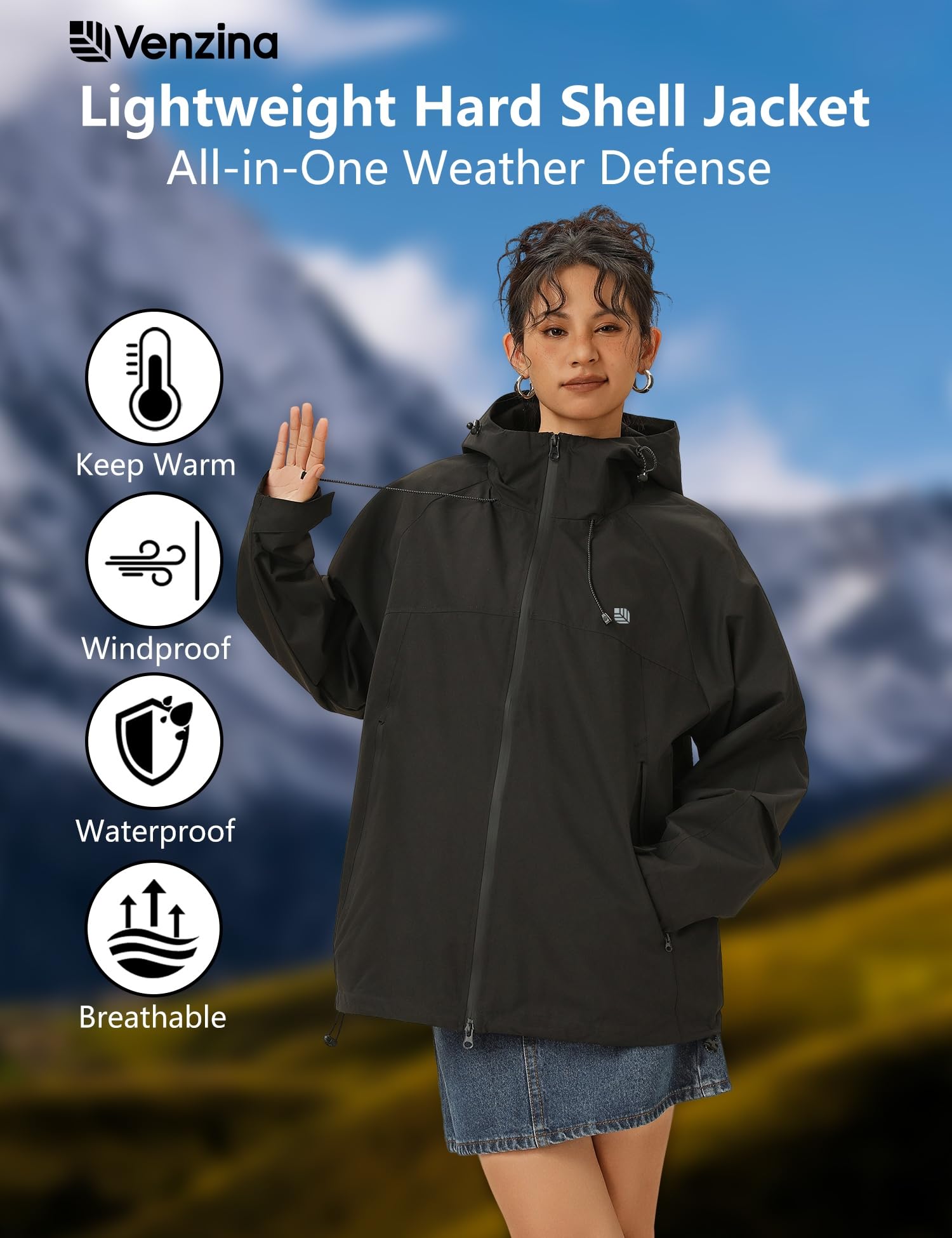 Venzina Women's Waterproof Jacket for Travel and Commuting with 75D Fabric | Windproof Structured Coat Black