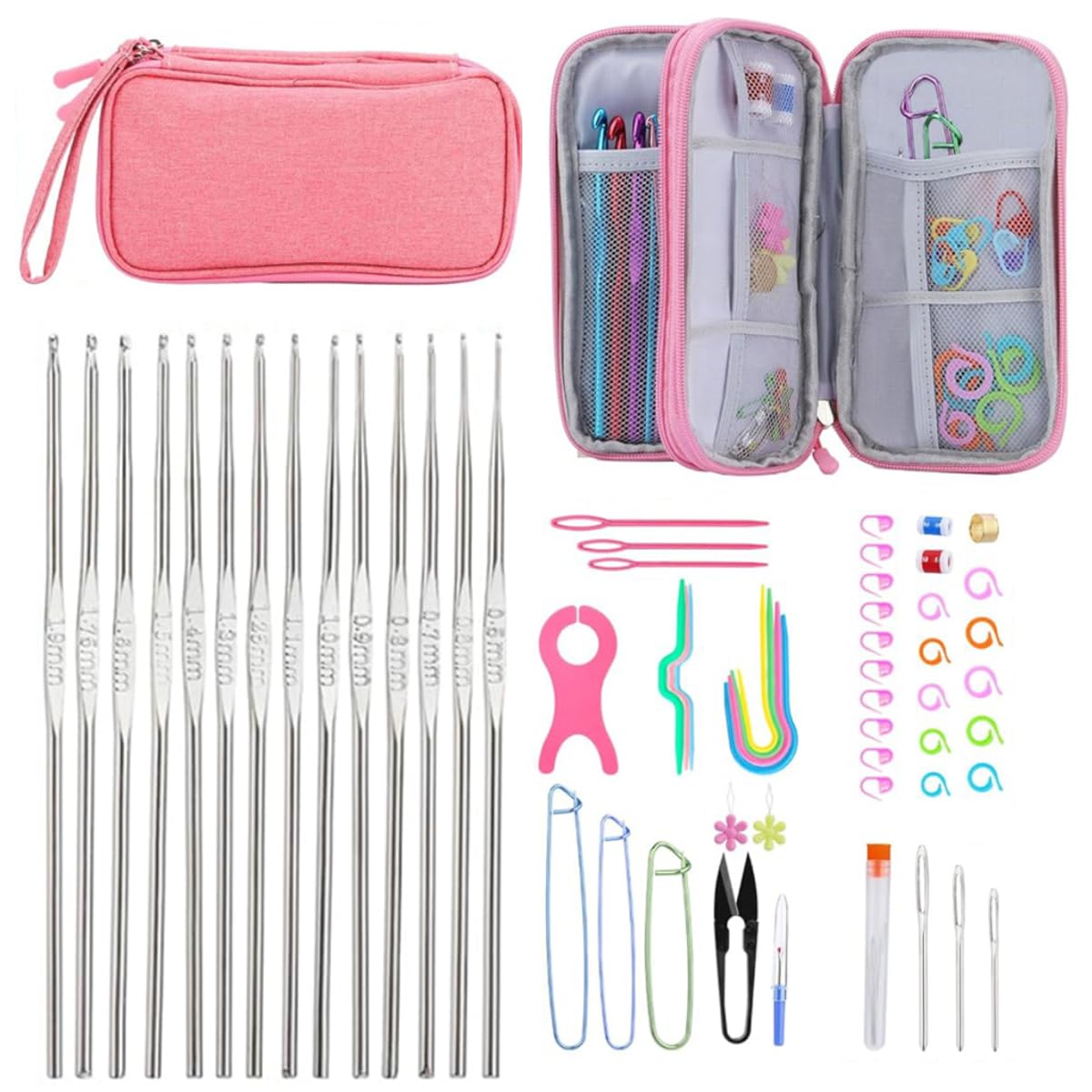 HASTHIP® 90Pcs Crochet Needles Set, Crochet Hooks with Bag, Stitch Markers, Blunt Needles, Plastic Sewing Needles, Stitch Holders, Crochet Knitting Accessories, Crochet Kit for DIY Crafting Projects