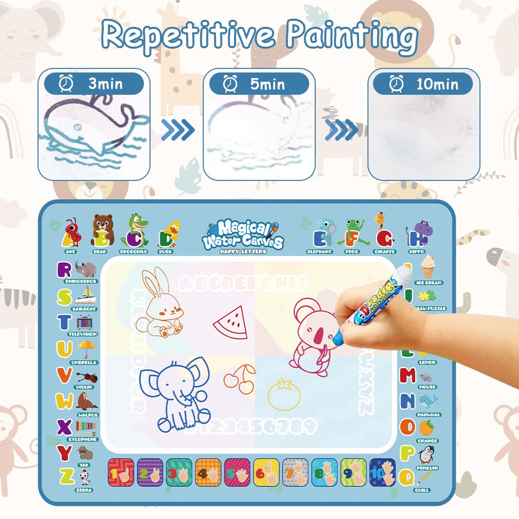PATPAT Magic Water Doodle Mat for Kids 80x60cm with Water Pens and Roller Stamps | Reusable Mess-Free Drawing Toy