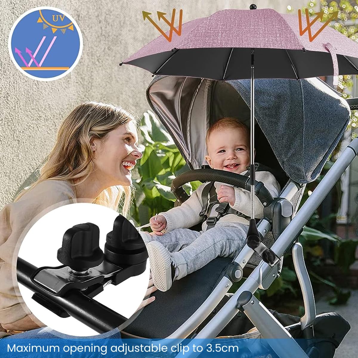 SNOWIE SOFT® Baby Stroller Shade Umbrella with Clamp UV50+ Sun Protection Umbrella for Stroller 360° Adjustable Baby Umbrella Stroller