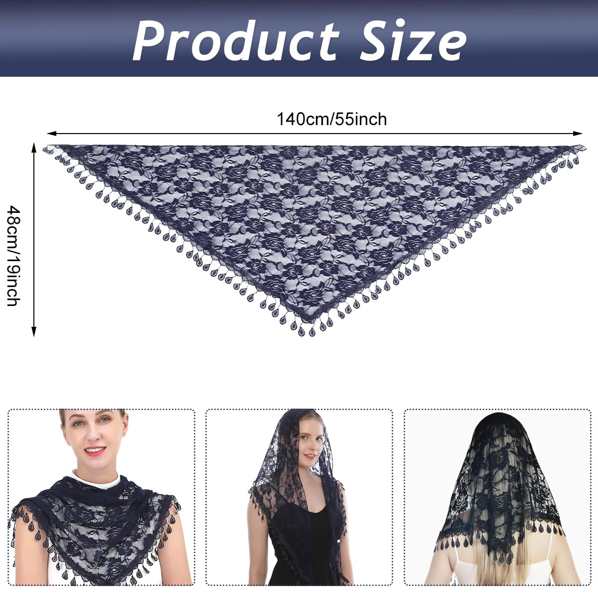 PALAY Lace Mantilla Mass Veil for Women featuring Rose Jacquard and Tassel Hem | Navy Blue