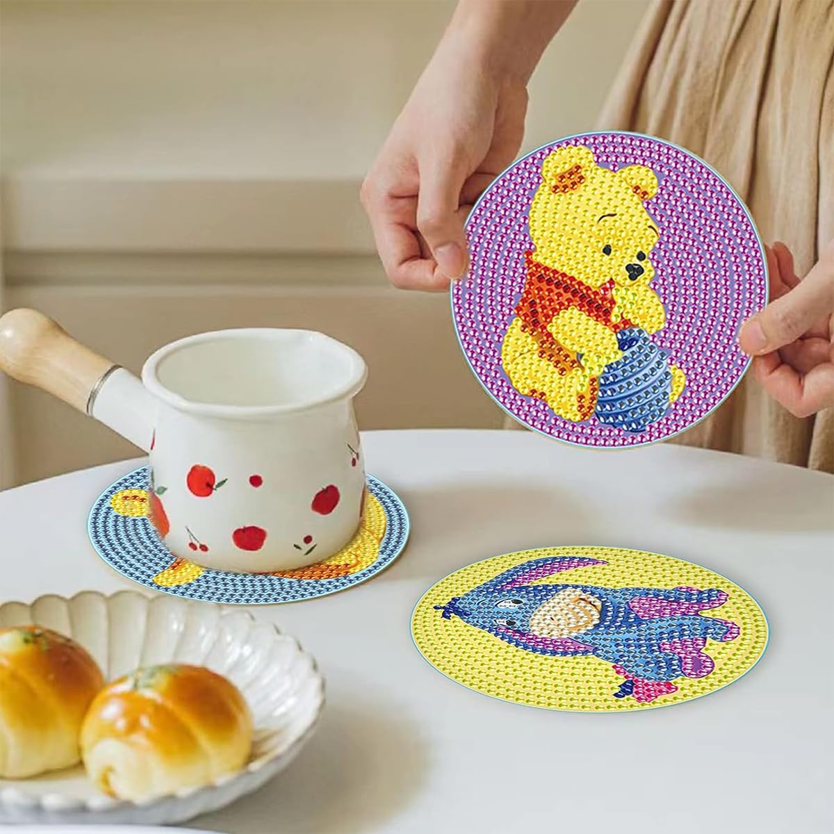 PATPAT Diamond Painting Coaster Set for DIY Tea Crafts with Tools 5 Pcs Acrylic 10cm | Winnie the Pooh Design