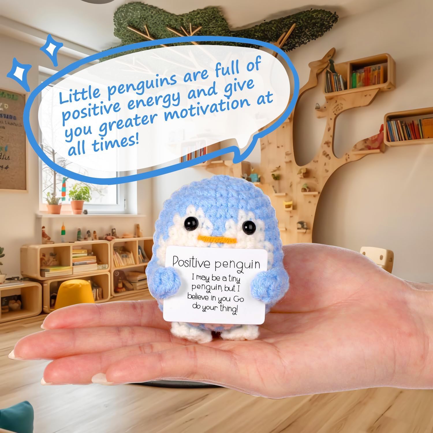 ZIBUYU Handmade Crochet Penguin Toys for Desk Decor with Positive Message Card Blue 3PCS