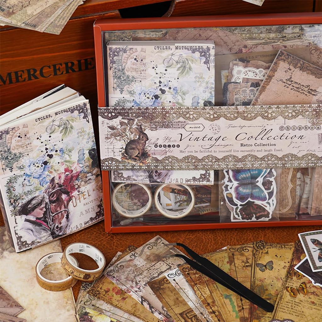 HASTHIP Vintage Journal Supplies Kit for Scrapbooking with 202 pcs A6 Notebook Set | Wisteria Flower Design