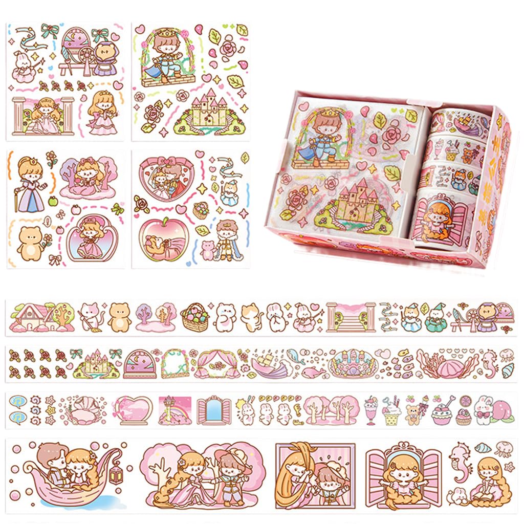 HASTHIP® 4 Rolls Kawaii Scrapbooking Cartoon Sticker Tape Masking Tape with 4 Sheet Cute Cartoon  Stickers DIY Decorative Stickers for DIY Art Craft Album Scrapbook Diary Gift Decoration, Pink