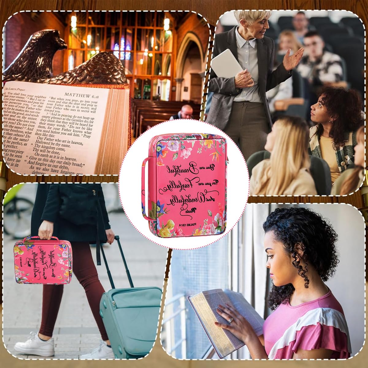 Climberty Bible Carry Bag for Women with Built-In Pouches and Handle 7×10.5 in Pink