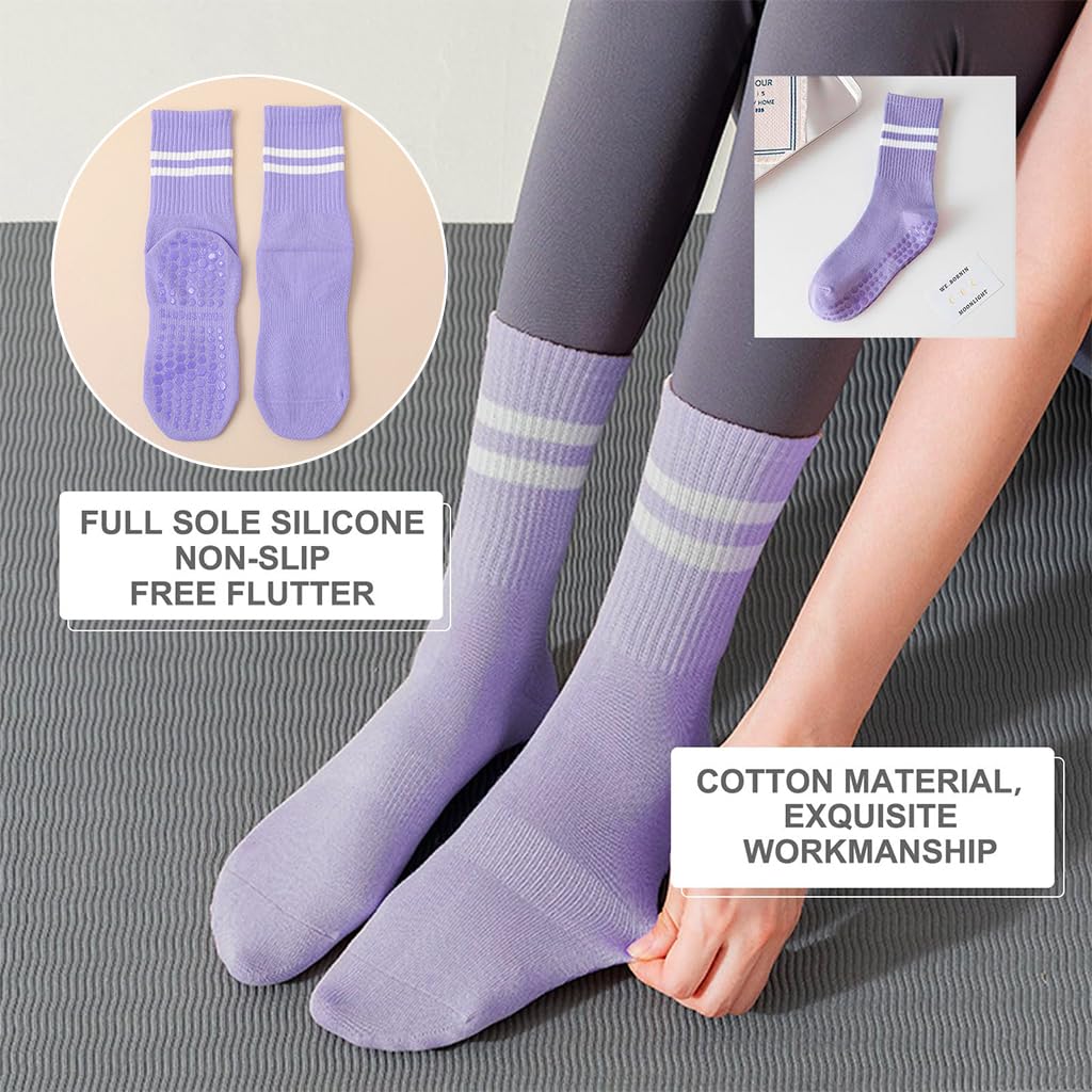 Proberos Yoga Socks for Women with Anti Slip Silicone Grip and Breathable Cotton | 2 Pairs Pink and Purple