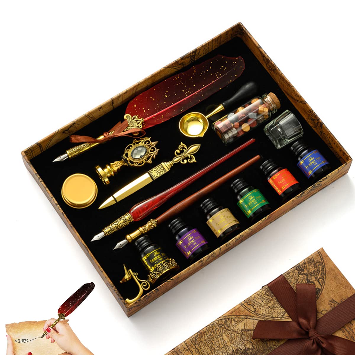 Climberty Feather Pen with Ink, Calligraphy Feather Pen with Wax Seal Stamp, Includes Feather Dip Pen, Glass Dip Pen, 6 Ink, 18 Replacement Nibs, Pen Holder, Seal Stamp, Wax Beads, Wax Spoon (Red)