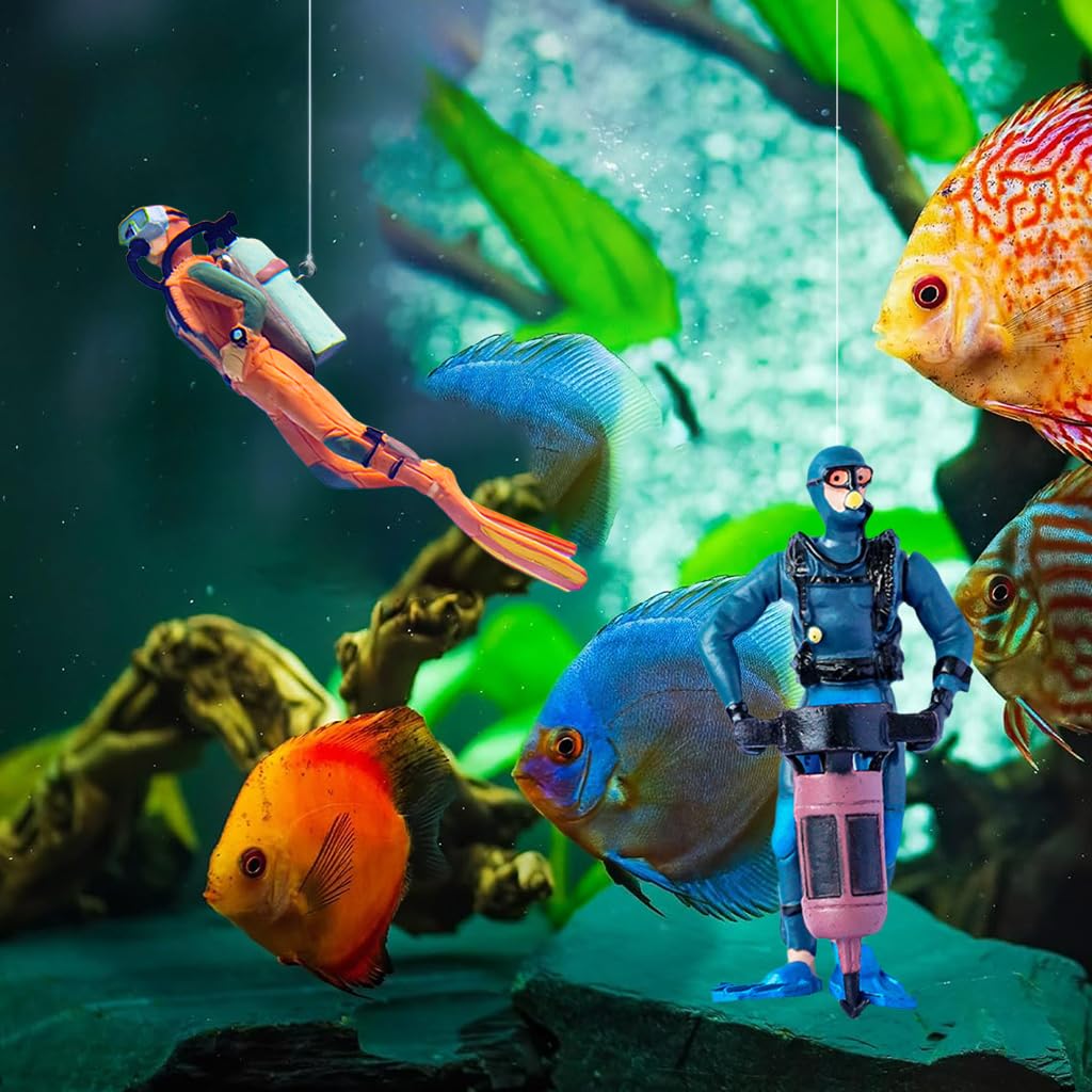 Qpets Fish Tank Floating Ornaments for Aquarium with 4.8 in Diver Figurines and Floating Ball | Blue and Orange Set