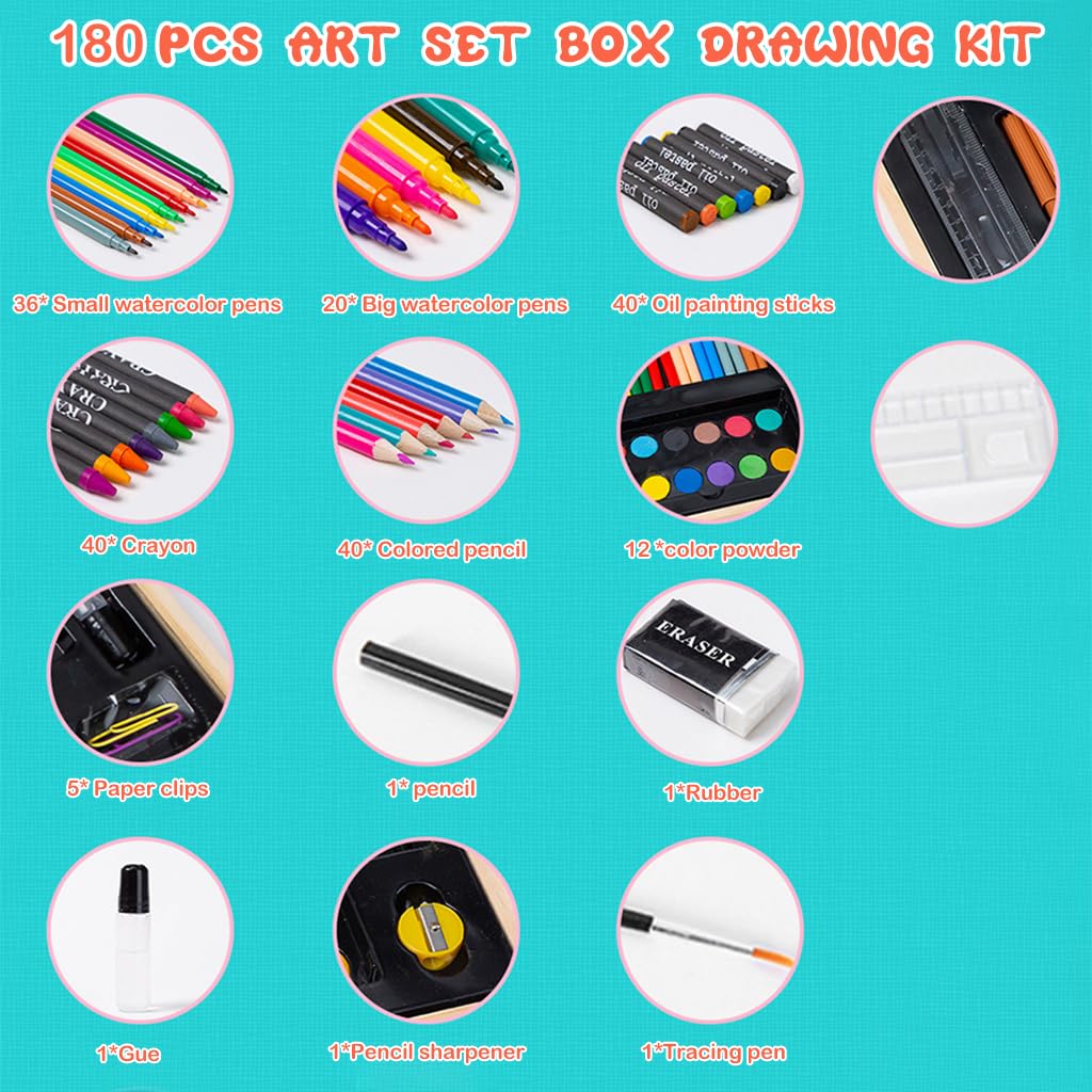 ZIBUYU Painting Drawing Kit for Kids with 180 pcs Art Supplies in Wooden Case | Birthday Gift