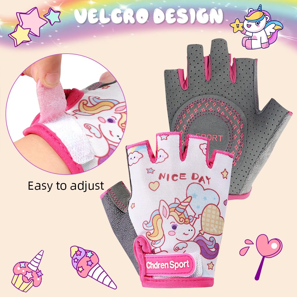 PROBEROS Fingerless Riding Gloves for Kids with Anti Slip Padded Palm and Breathable Cotton | Cute Unicorn Design for Skating and Cycling
