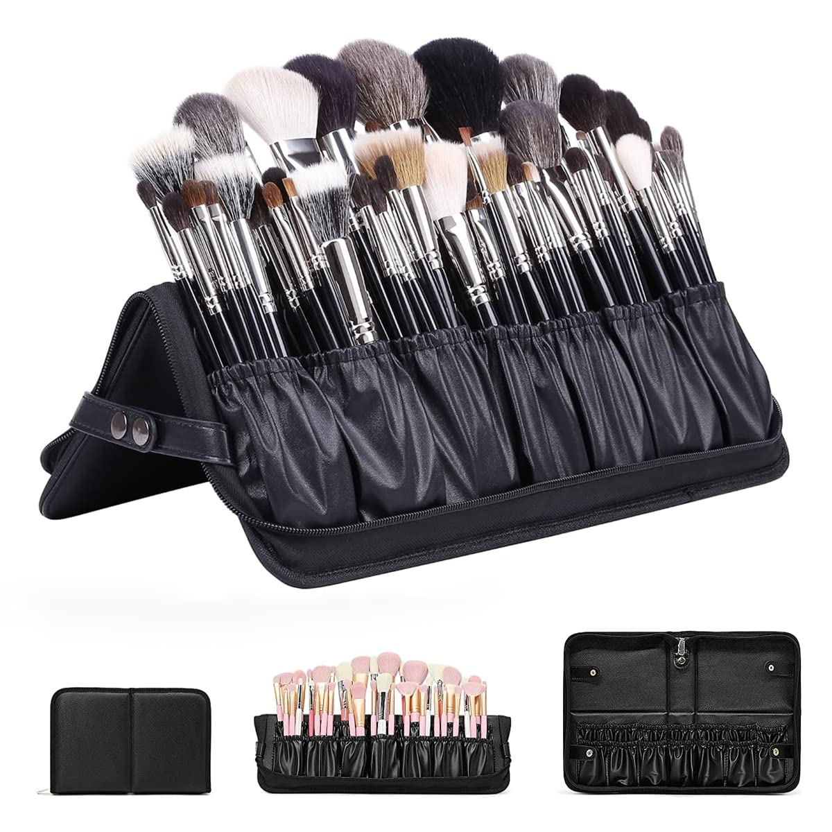 MAYCREATE® Makeup Brush Holder Bag Portable Travel Makeup Organizer Bag Foldable Zipper Cosmetic Makeup Brush Pouch Storage Case with 29 Elastic Pockets