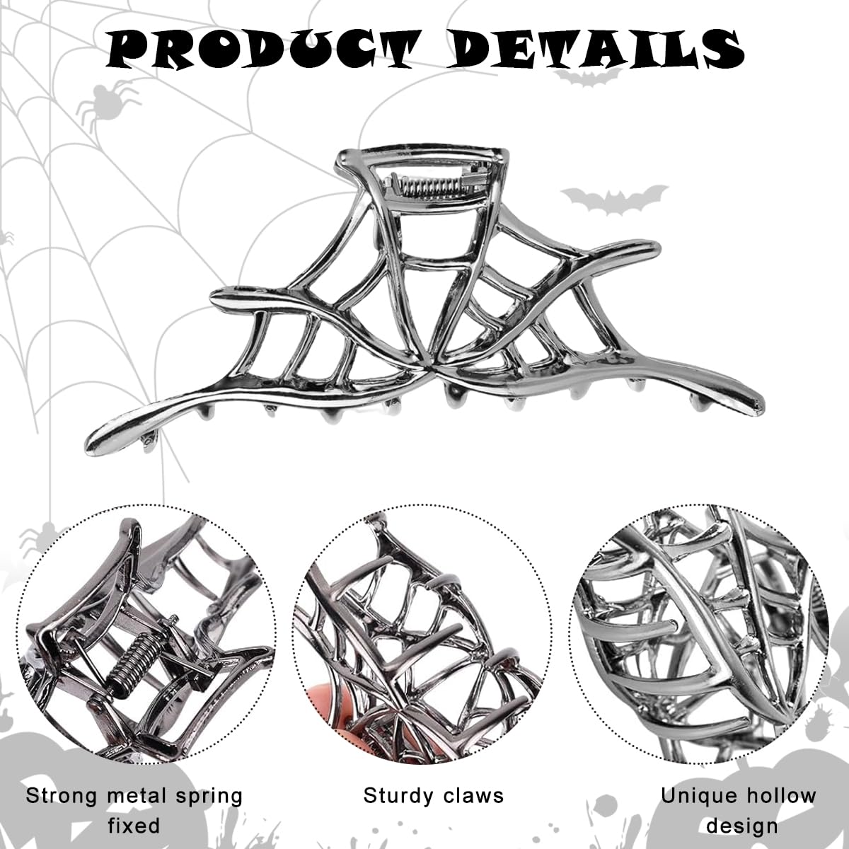 MAYCREATE Gothic Hair Claw Clips for Halloween with Cobweb Bat and Spider Design | 3Pcs Metal Set
