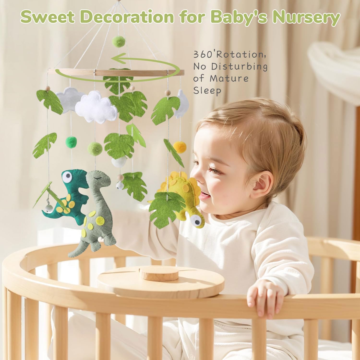 SNOWIE SOFT Crib Mobile Toy with Felt Dinosaur Plush and Wooden Ring for Nursery | Baby Shower Gift