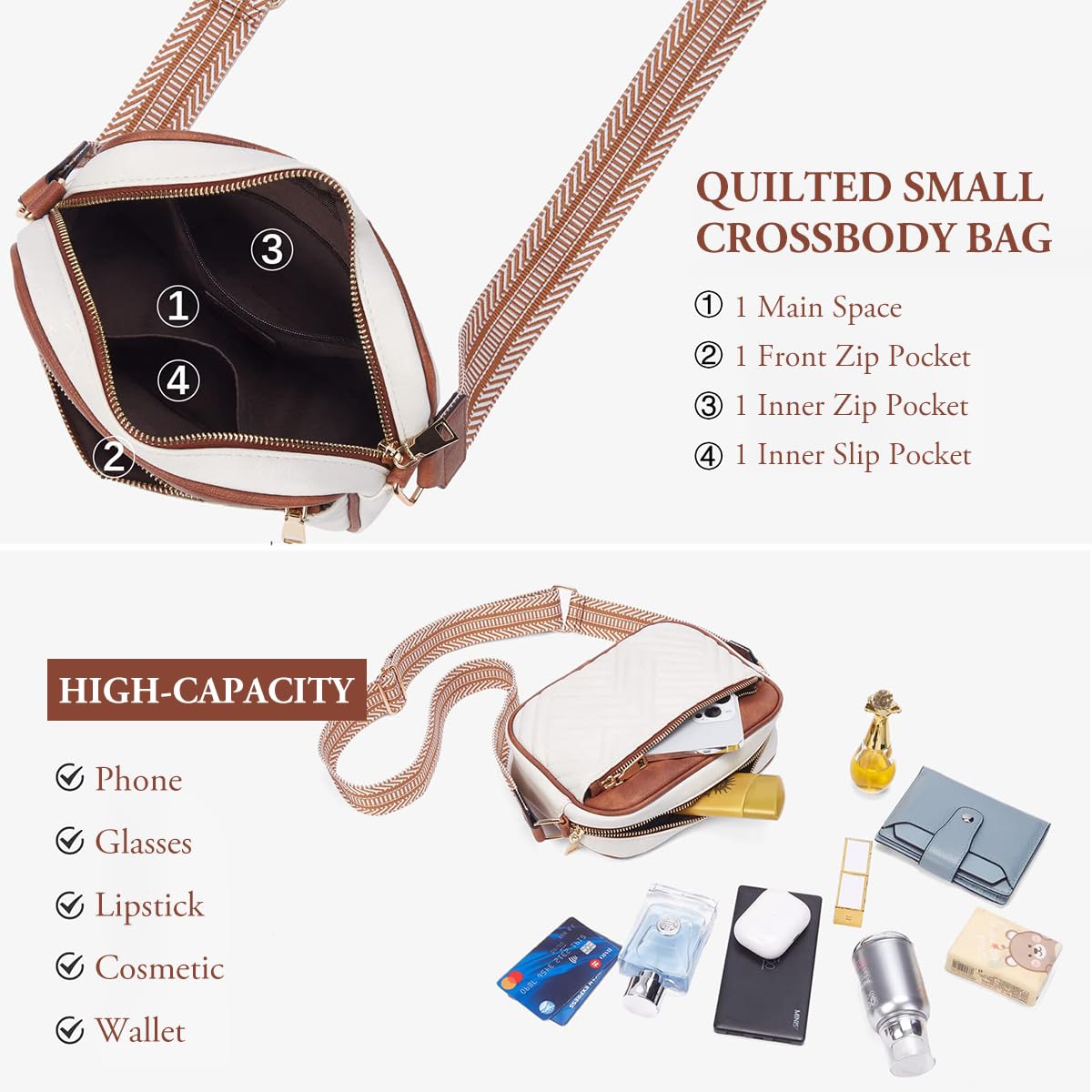 ZIBUYU Crossbody Bag Fashion PU Women Shoulder Bag Double Layer Sling Bag with Print Nylon Webbing Shoulder Strap Casual Phone Bag Day Bag, 8.7x2.2x5.9inches