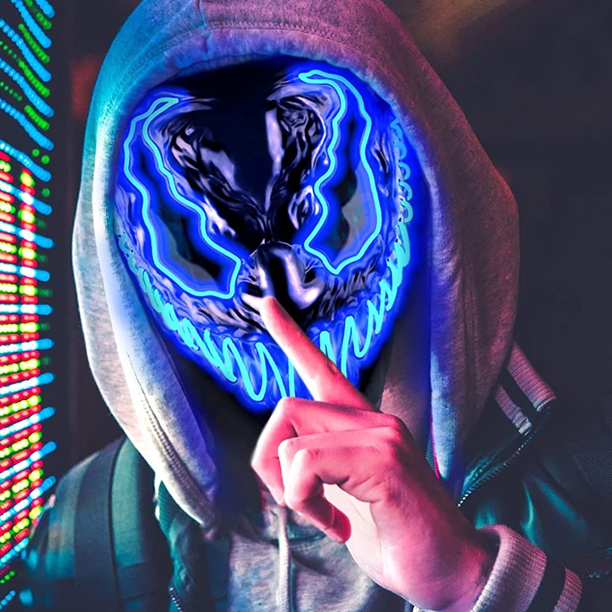 ELEPHANTBOAT LED Halloween Mask for Cosplay and Parties featuring 3 Light Modes 19×22cm | Blue Neon Glow Eyes for Adults and Kids