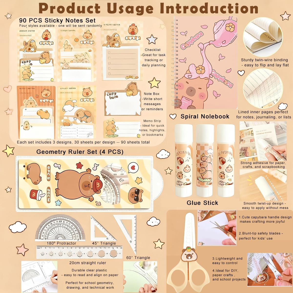 Climberty Capybara Cartoon Stationery Set for School and Gifts with A5 Coil Notebook | Cute Supplies for Girls