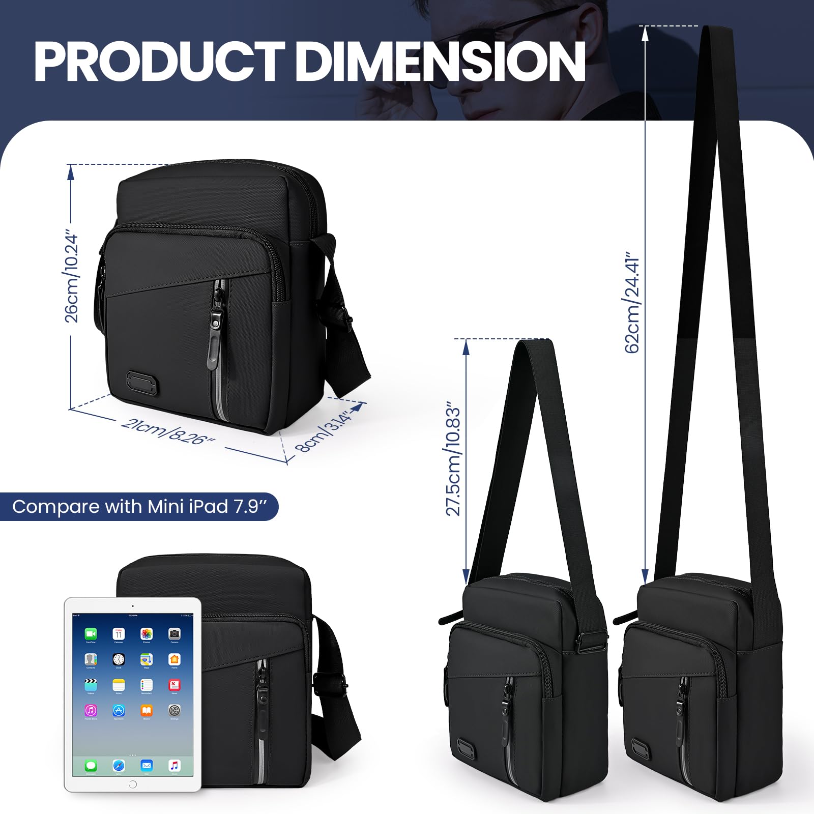 GUSTAVE Sling Bag for Men featuring 21cm x 8cm x 26cm storage with waterproof polyester | Black Crossbody Shoulder Bag