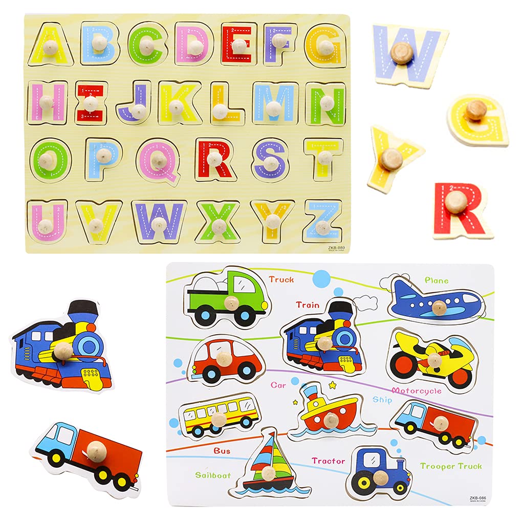 PATPAT® 2Pcs ABCD Toys for Kids Wooden Puzzles Alphabets for Kids Learning Toys for 2 Year Old Girls Boys, Educational Toys Montessori Wooden Board Activity Toys Kids Gift (Letter Puzzle, Car Puzzle)