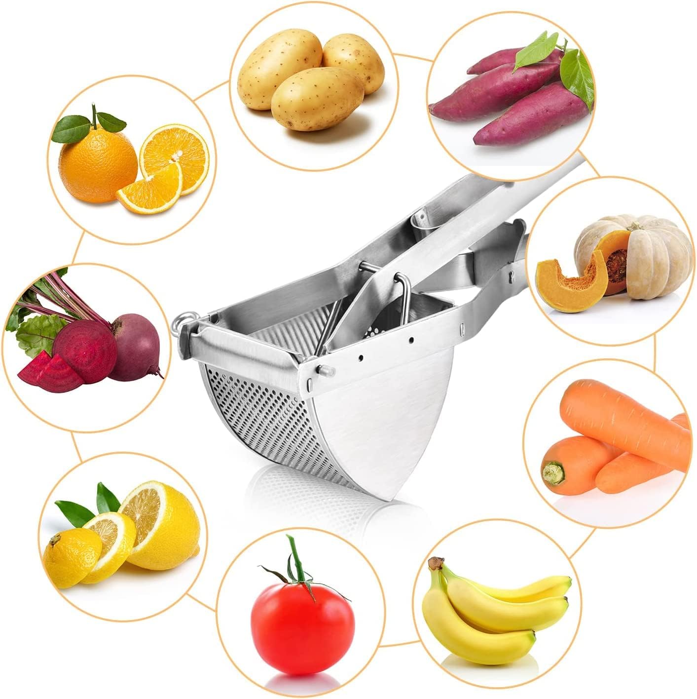 Supvox Kitchen Manual Potato Masher, Manual Press Hand Fruit Juicer, Multifunctional Foodgrade Stainless Steel Potato Mesher Heavy Duty Manual Juicer Kitchen Tool