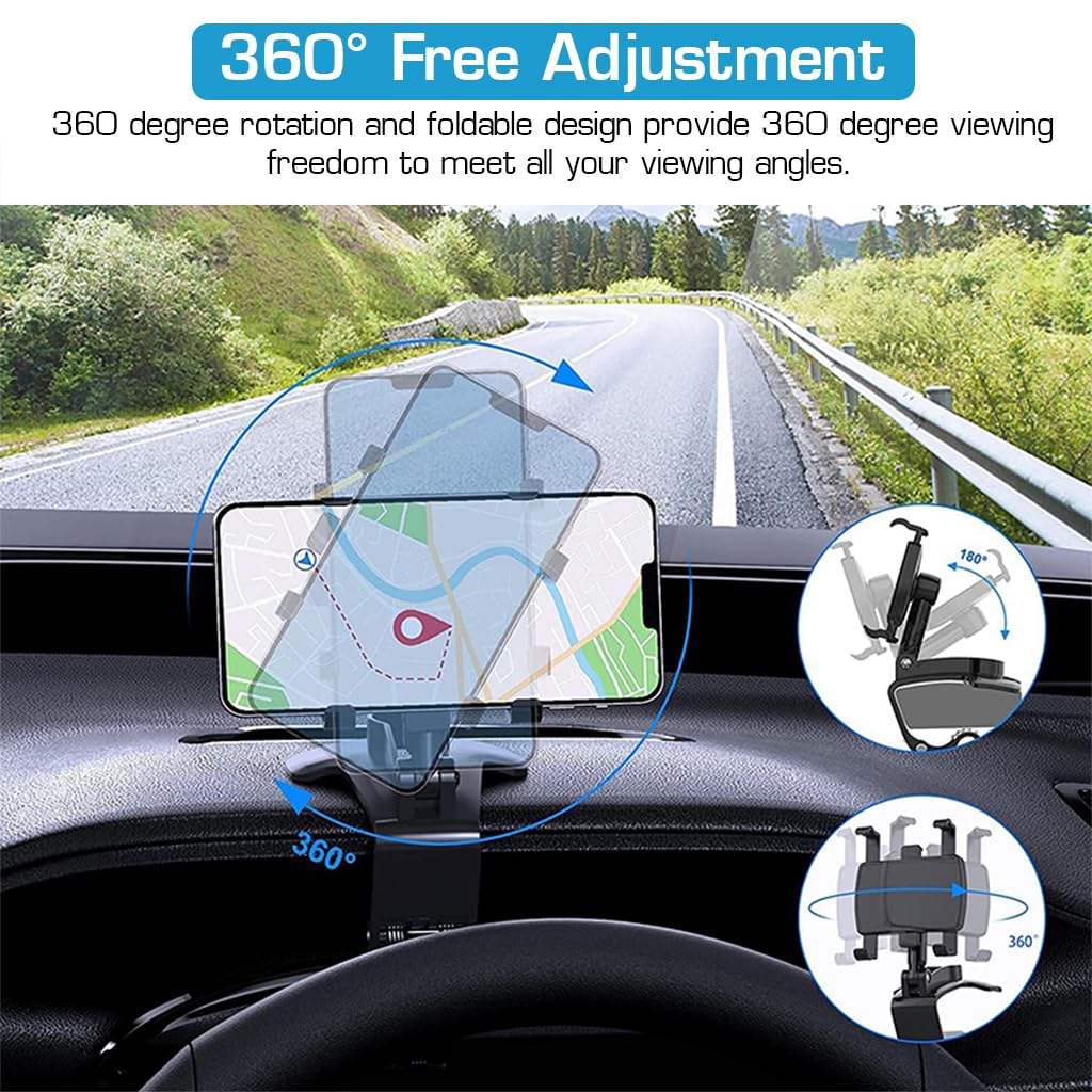 STHIRA Phone Holder for Car Dashboard and Sun Visor with 360° Rotation featuring Foldable ABS Clip | Fits 3.7–7 in Phones