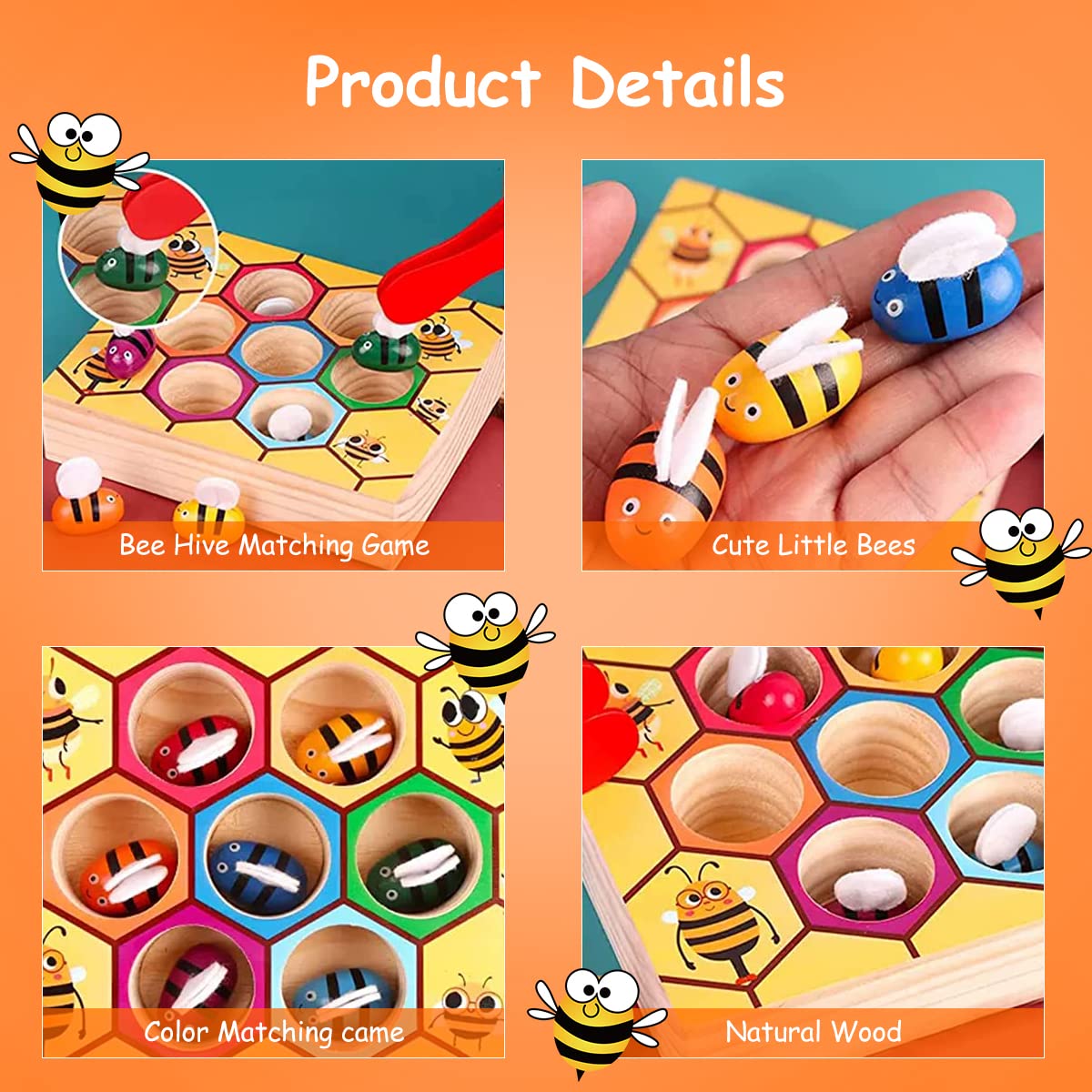PATPAT Color Sorting Toys for 1 Year Old, Wooden Toys for Kids, Bee to Hive Matching Toy, Fine Motor Skills Toy Montessori Toys Sensory Toys for Kids, Busy Board for Toddlers 1-3, Children's Day Gift