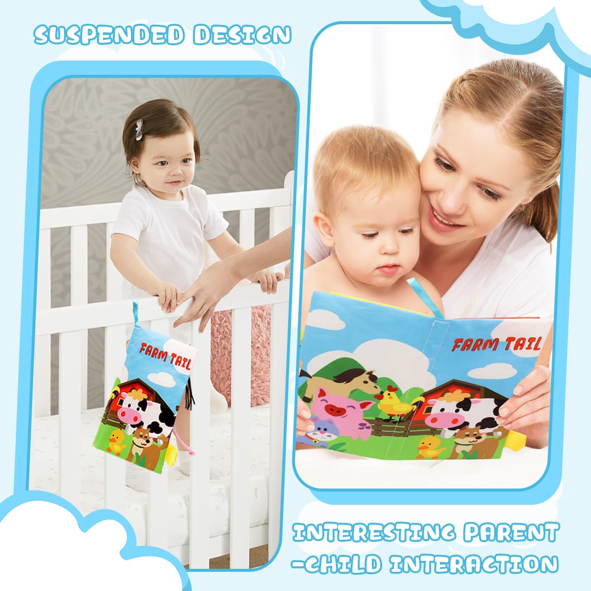 SNOWIE Soft Farm Cloth Books for Babies with 12 Textured Animal Tails & Crinkle Sounds | Early Sensory Learning Toy