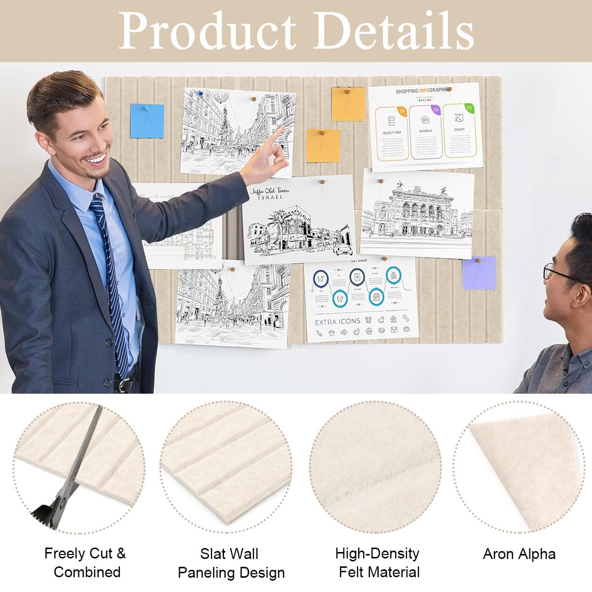 Climberty Felt Board Bulletin Board for Home or Office with 6 Panels and 50 Pushpins | Beige 30x30 cm Self‑Adhesive Wall Organizer