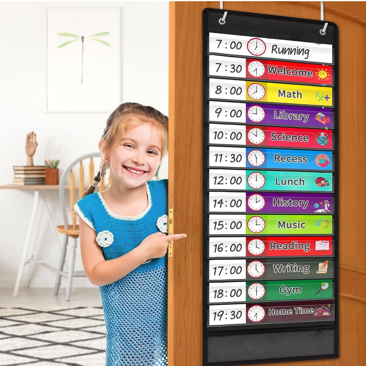 Climberty Wall Hanging Classroom Schedule Chart with 13 Transparent Pockets and Color Coded Labels for School | Reusable Oxford Cloth Organizer