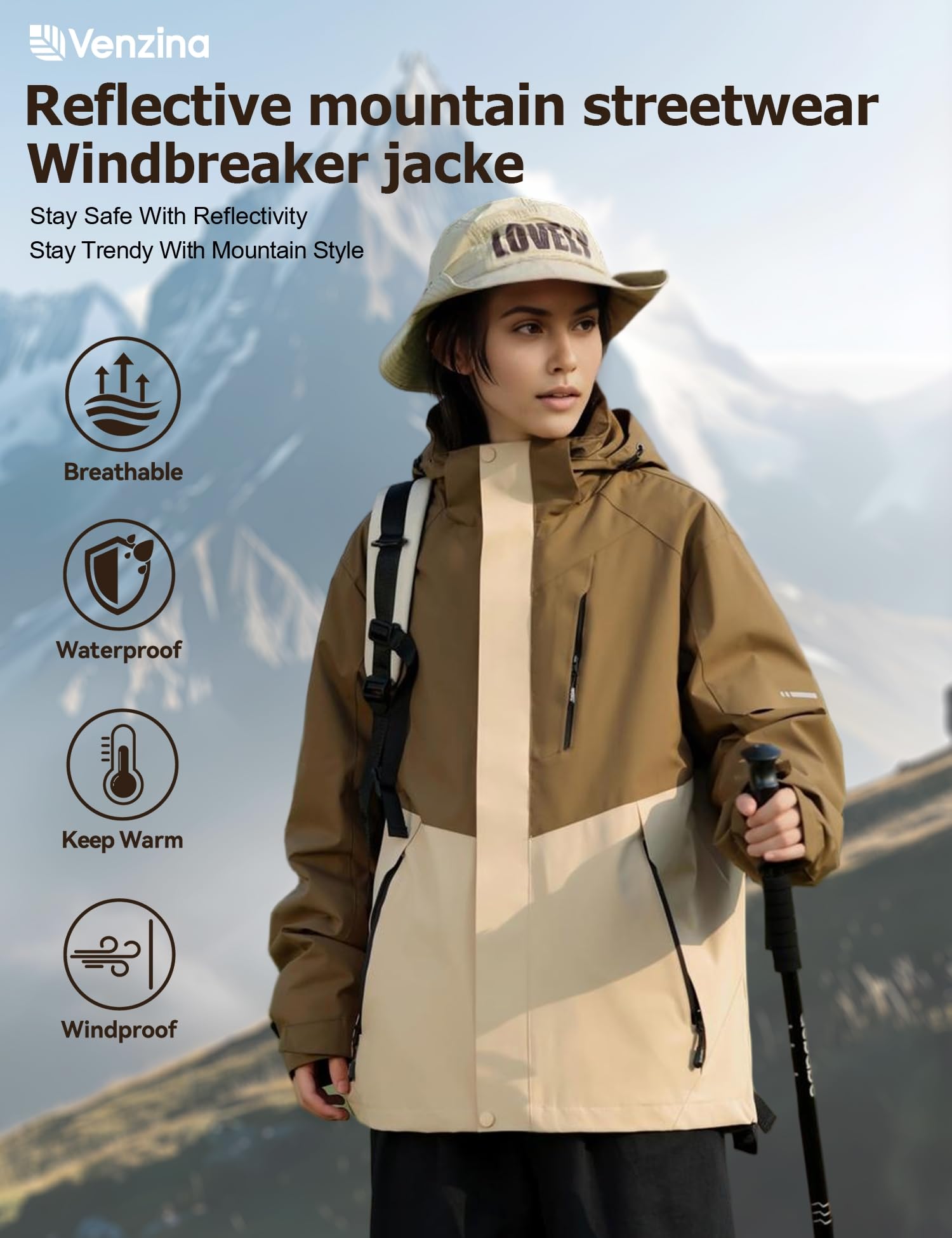 Venzina Women's Water Repellent Jacket for Hiking and Commute with Reflective Design | Lightweight Breathable Windbreaker Brown XL