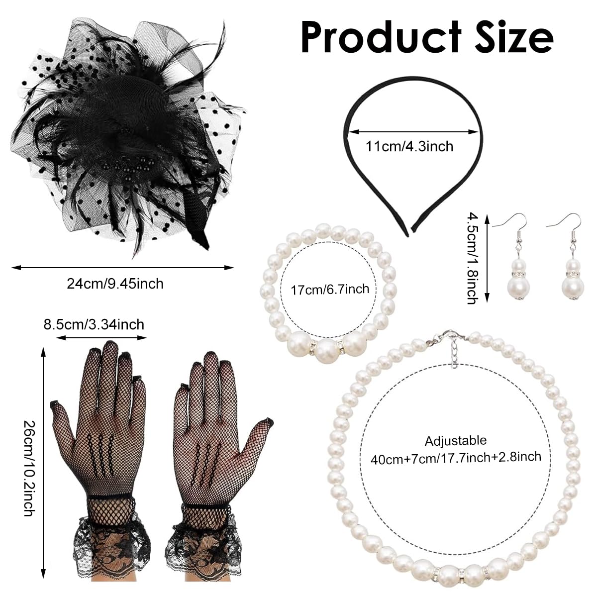 PATPAT Fascinator Tea Party Hats Set for Women with Lace Gloves & Pearl Jewelry | 5 Pcs Vintage Black Accessories