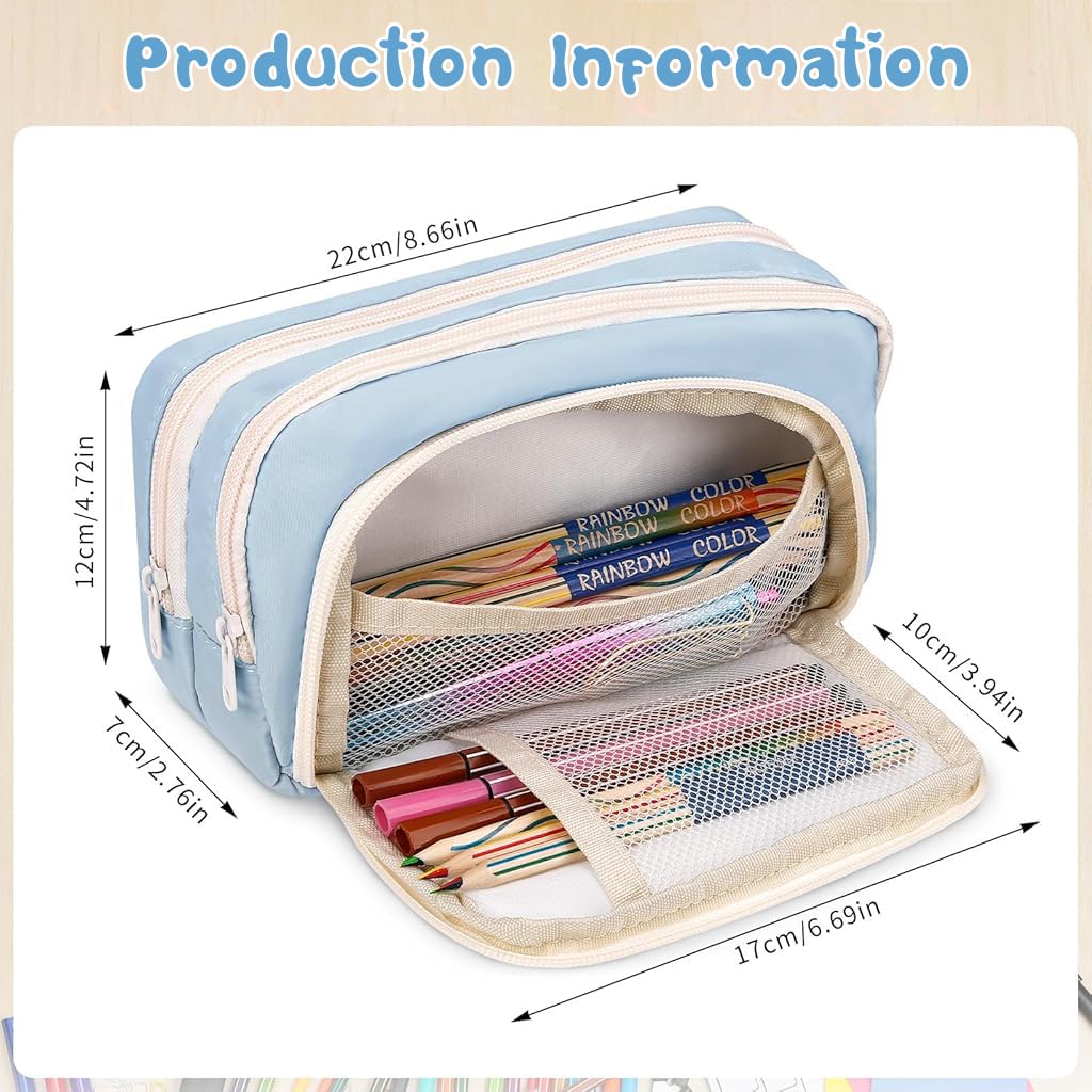 Zibuyu Pencil Case with 4 Compartments for School and Office | Cute Blue Style for Girls