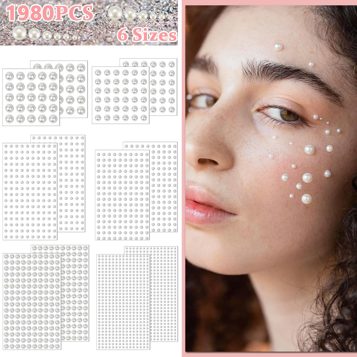 MAYCREATE® 1980pcs Pearl Stickers for Art and Craft Self-Adhesive Faux Pearls Sticker Gems for Hair, Face, Eye, Nail, Makeup, DIY Crafts - Assorted Sizes