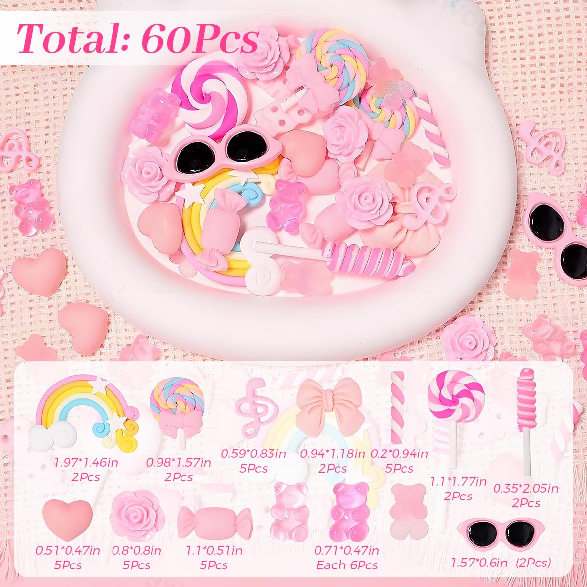 HASTHIP Phone Case Charm Set for DIY Crafting with 60 Flat Back Resin Pieces | Pink Sweet Theme