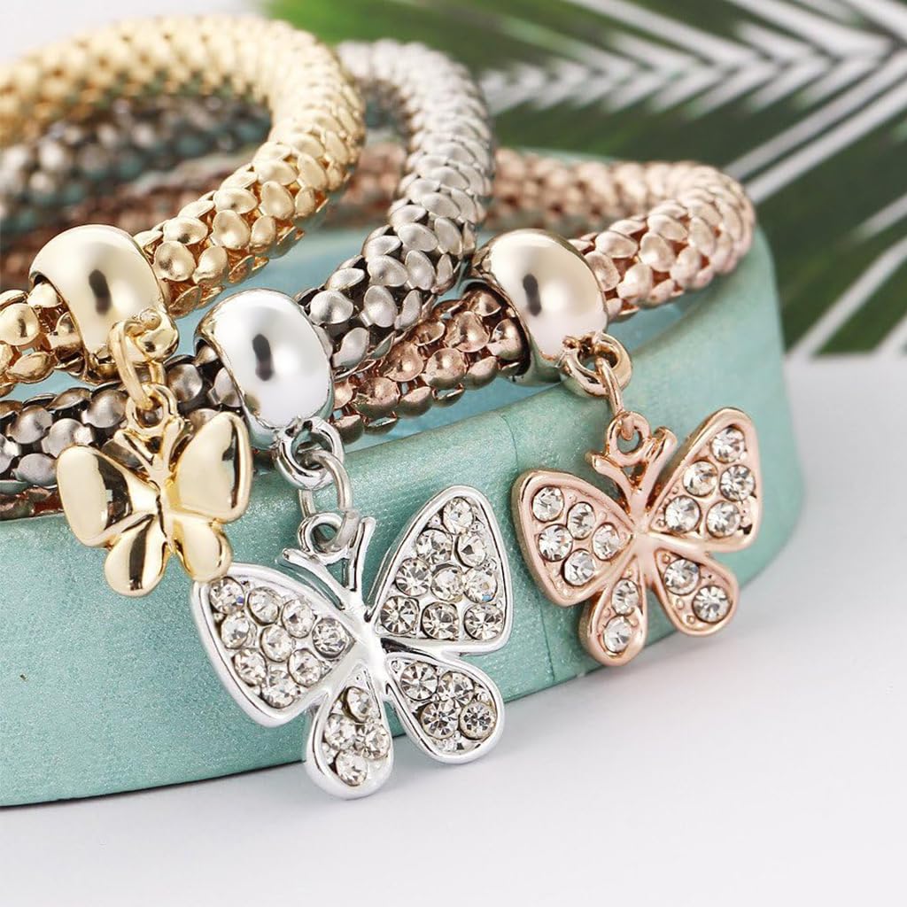 Venzina Bracelets Set for Women featuring Heart Charm Design in Gold Silver and Rose Gold | 3 Pack