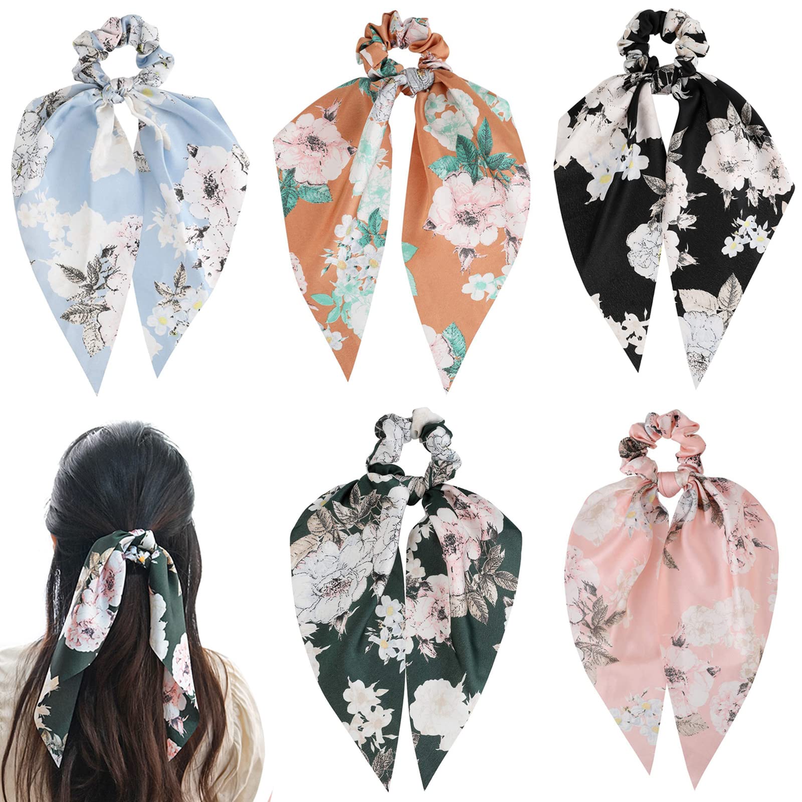 MAYCREATE Hair Scarf Scrunchies Set for Women with Soft Elastic Bands and Floral Ribbons | 5 Pcs