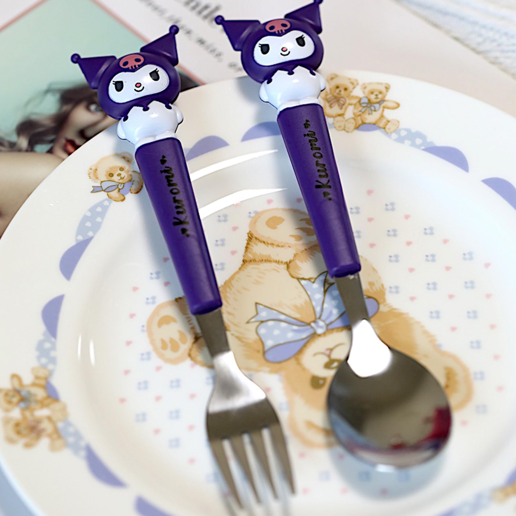 Supvox Spoon Fork Combo Set with Kuromi Design 4pcs 7.87 in Utensils for Kids Lunch Box