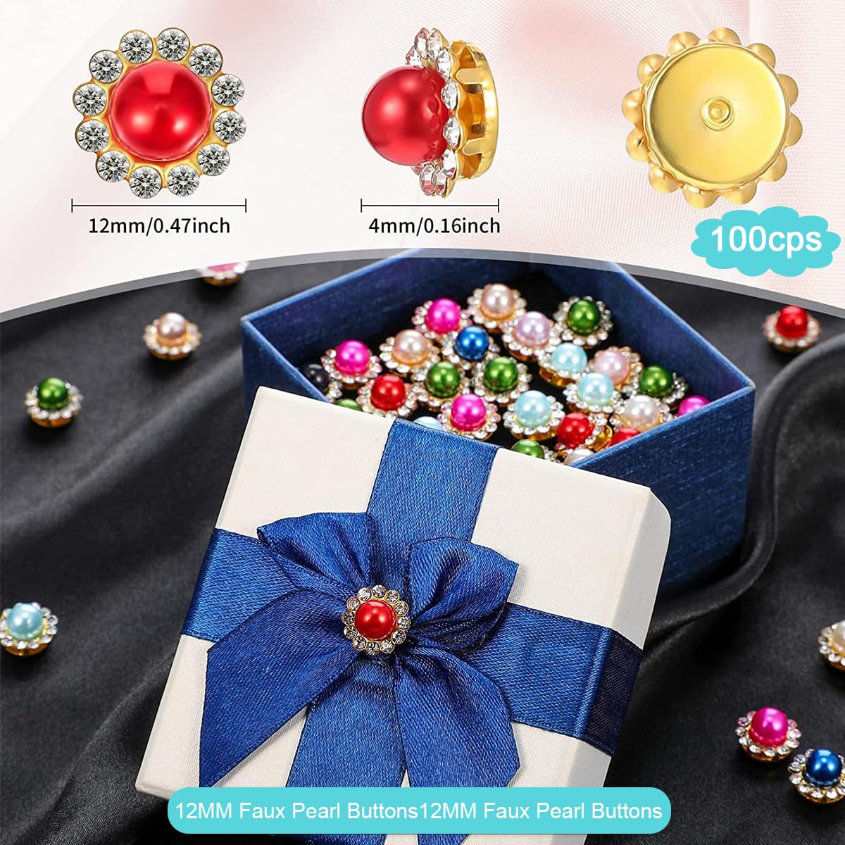 HASTHIP® 100Pcs Flower Buttons 12mm Assorted Color Rhinestone Floral Pearl Flatback Buttons DIY Hand Sewing Decorative Buttons DIY Craft Decorative Floral Buttons for Clothing, Crochet Crafts