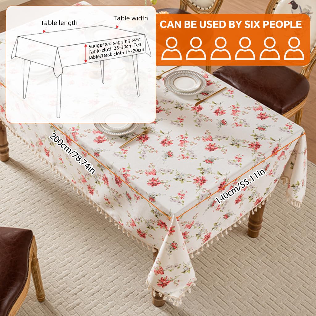 HASTHIP Dining Tablecloth for 4 to 6 Seater Tables featuring Tassels and Water‑Resistant Linen Blend in Red | 140x200 cm