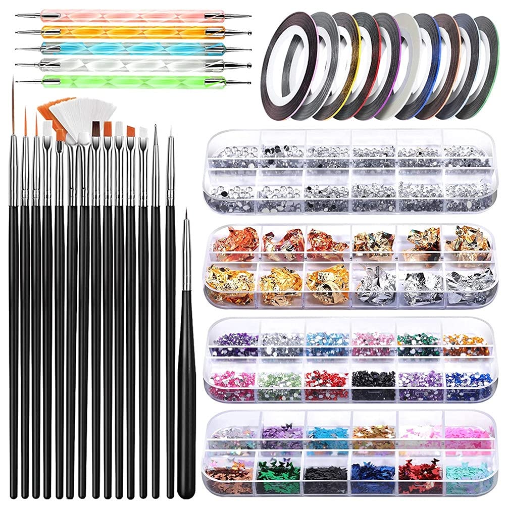 MAYCREATE® Nail Art Stamping Kit 3D Nail Art Decorations Kit with Nail Art Brushes Dotting Tools Holographic Nail Art Stickers Nail Foil Tape Strips and Nails Art Rhinestones (39pcs)